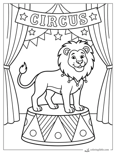 Vintage circus lion smiling on a pedestal under a banner, stars, bunting, and stage curtains