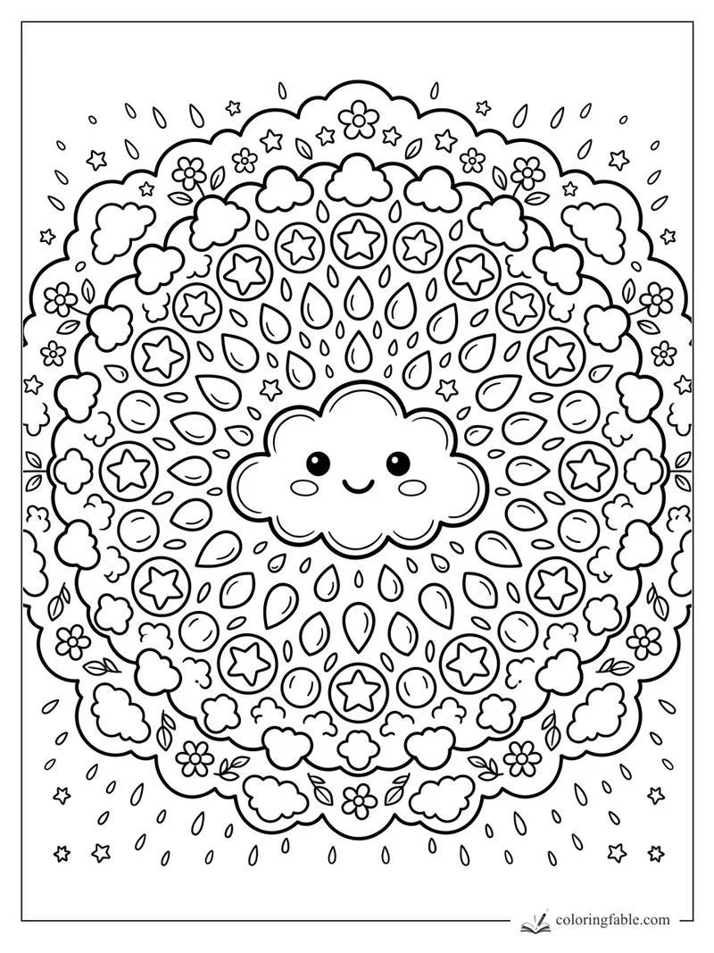 Kawaii mandala with a smiling cloud, raindrops, stars, flowers, leaves, and puffy cloud rings.