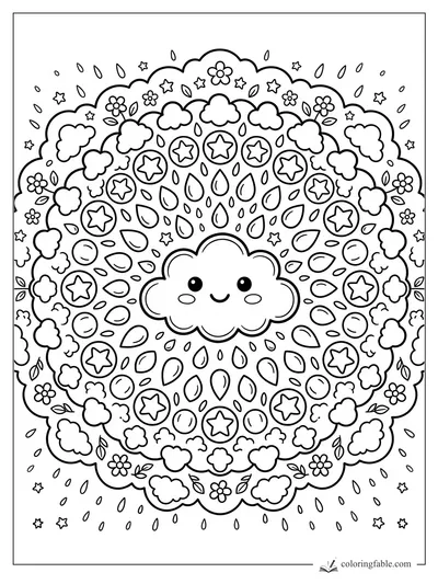 Kawaii mandala with a smiling cloud, raindrops, stars, flowers, leaves, and puffy cloud rings.