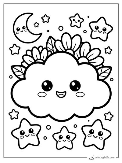 Kawaii smiling cloud with daisies, leaves, crescent moon, and cute stars coloring page