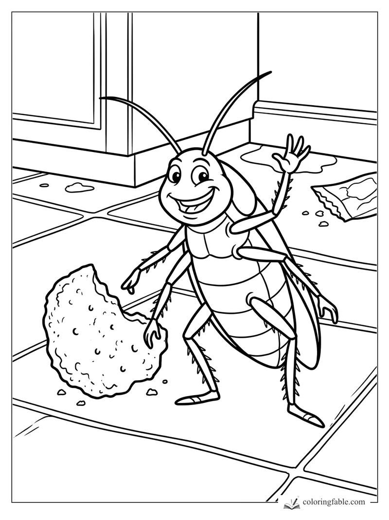 Cartoon cockroach waving beside a big crumb on a tiled kitchen floor with spills and a snack wrapper