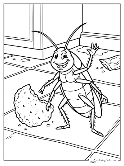 Cartoon cockroach waving beside a big crumb on a tiled kitchen floor with spills and a snack wrapper