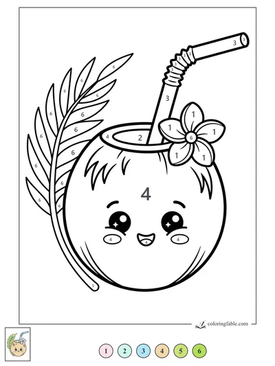 Smiling Coconut Drink with Straw and Plumeria — color by number