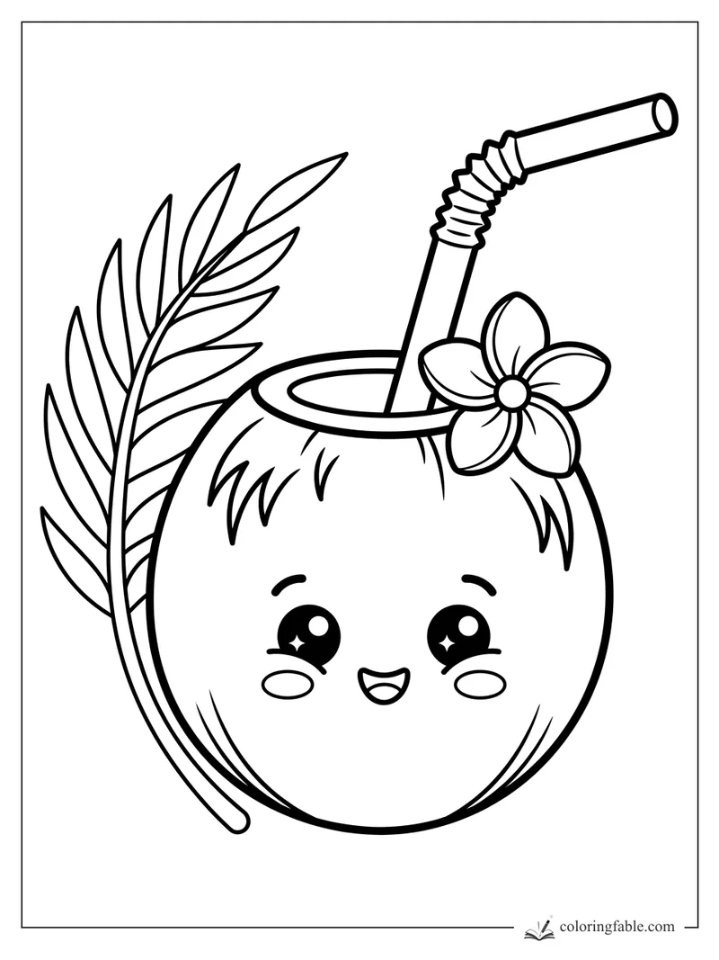 Kawaii coconut drink with bendy straw, palm leaf, plumeria flower, happy face, and rosy cheeks