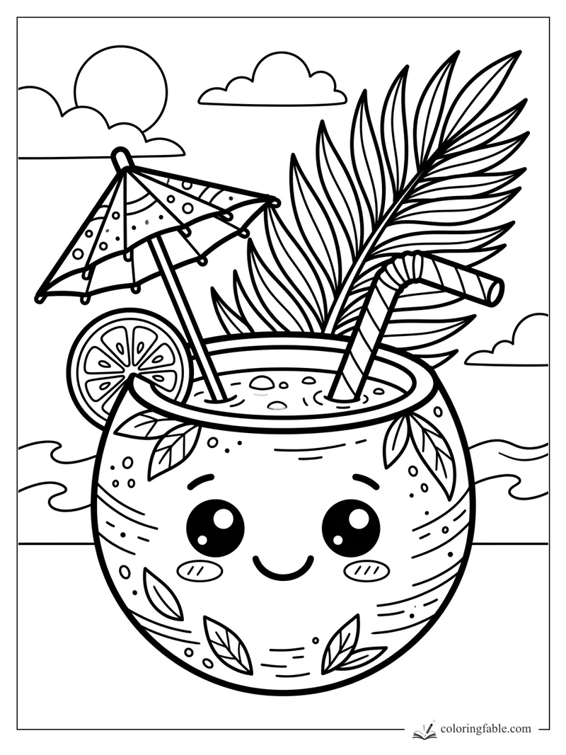 Kawaii coconut drink with a straw, tiny umbrella, orange slice, palm leaves, waves, and clouds.