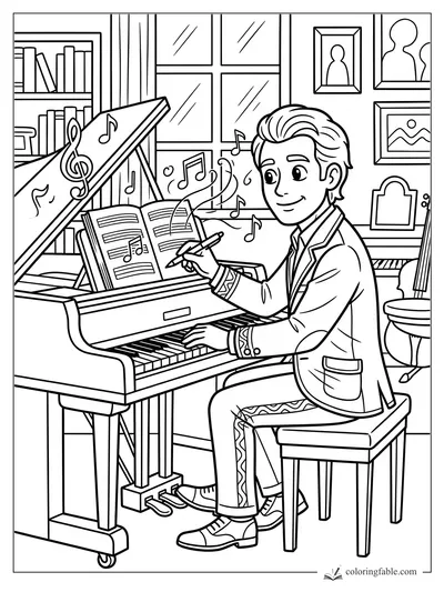 Cartoon boy composing at a grand piano with sheet music, floating notes, bookshelves, and framed wall art