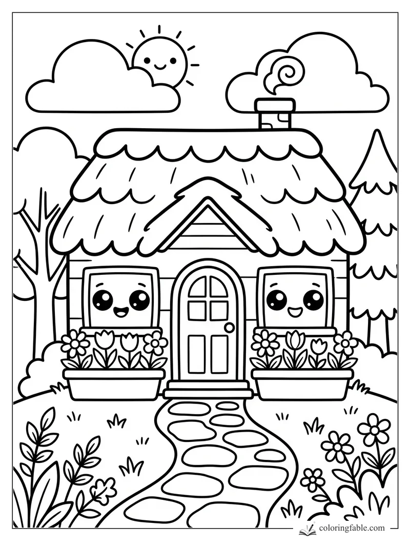 Kawaii cottage with smiling windows, flower boxes, stone path, trees, clouds, and a happy sun.