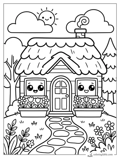 Kawaii cottage with smiling windows, flower boxes, stone path, trees, clouds, and a happy sun.