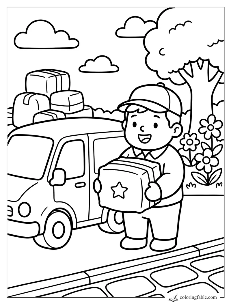 Child courier holding a star-marked box beside a loaded delivery van, flowers, tree, and clouds.