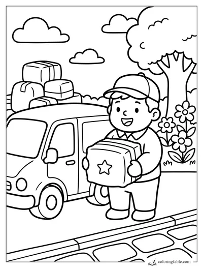 Child courier holding a star-marked box beside a loaded delivery van, flowers, tree, and clouds.