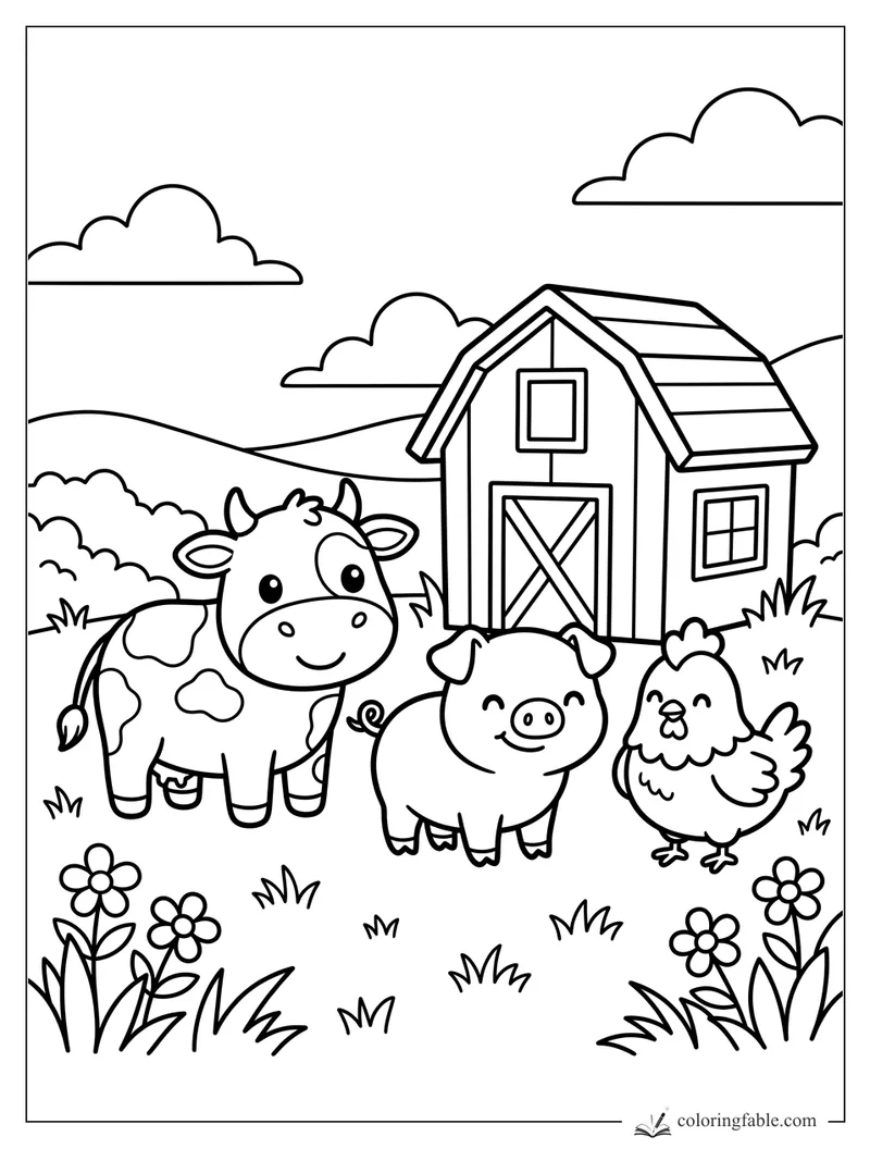Kawaii cow, pig, and chicken smiling in front of a barn with flowers, hills, grass, and clouds