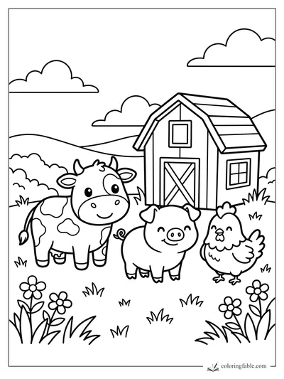 Kawaii cow, pig, and chicken smiling in front of a barn with flowers, hills, grass, and clouds