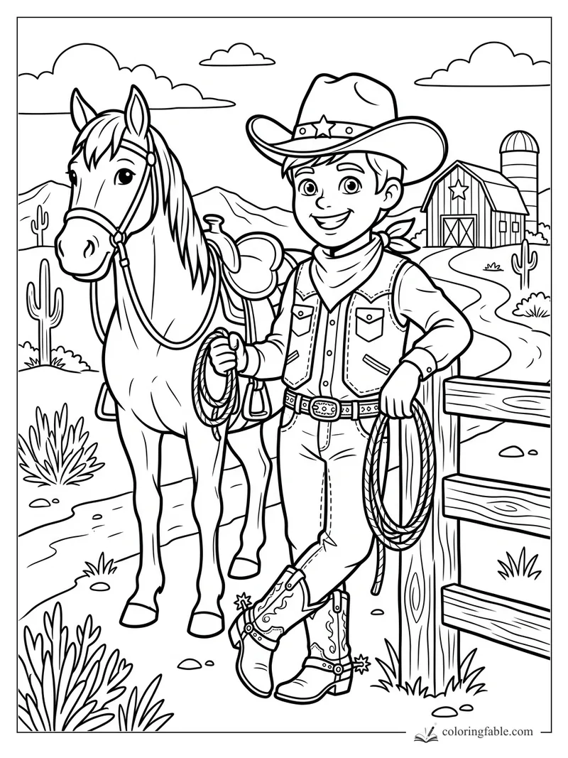 Vintage-style boy cowboy holding a lasso beside his saddled horse, ranch barn, cacti, and desert hills