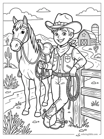 Vintage-style boy cowboy holding a lasso beside his saddled horse, ranch barn, cacti, and desert hills
