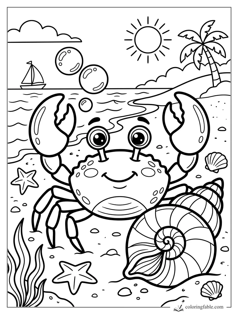 Smiling crab on a sunny beach with raised claws, spiral shell, starfish, palm tree, sailboat, and bubbles.