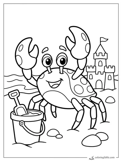 Cartoon crab with raised claws, beach bucket, shovel, waves, and a sandcastle with a flag.