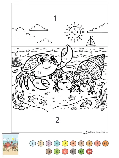 Smiling Crab Family by the Giant Seashell — color by number