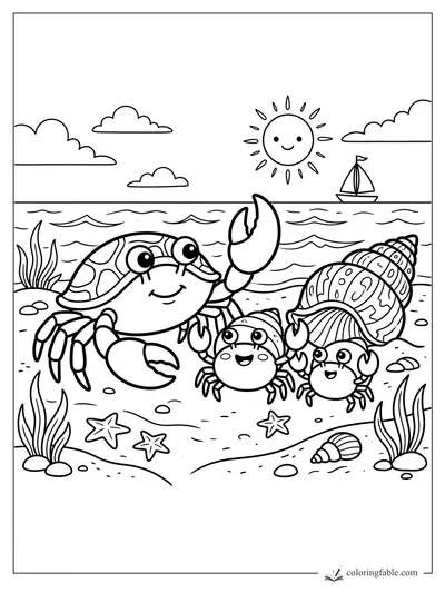 Cartoon crab family on a beach with a giant seashell, starfish, seaweed, sailboat, clouds, and smiling sun