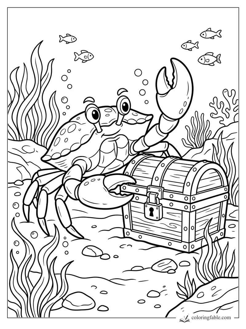 Cartoon crab beside a locked treasure chest with seaweed, coral, bubbles, and small fish underwater