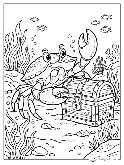 Cartoon crab beside a locked treasure chest with seaweed, coral, bubbles, and small fish underwater