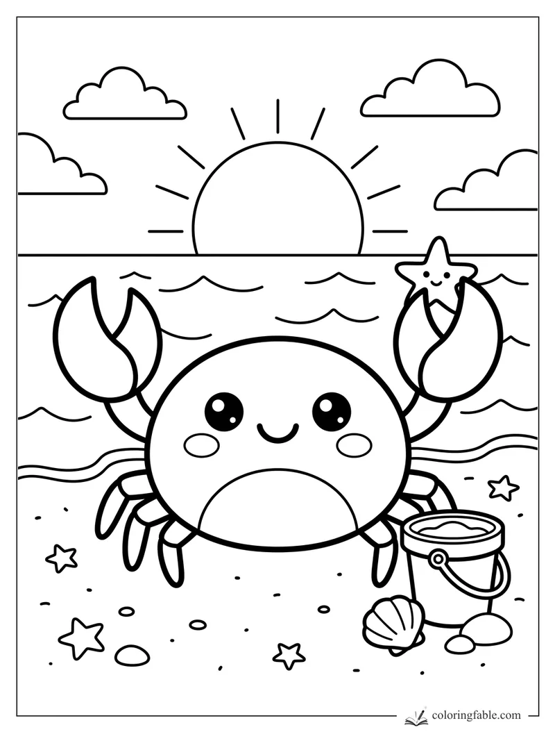 Kawaii crab holding a smiling starfish on a beach at sunrise with shells, bucket, waves, and clouds