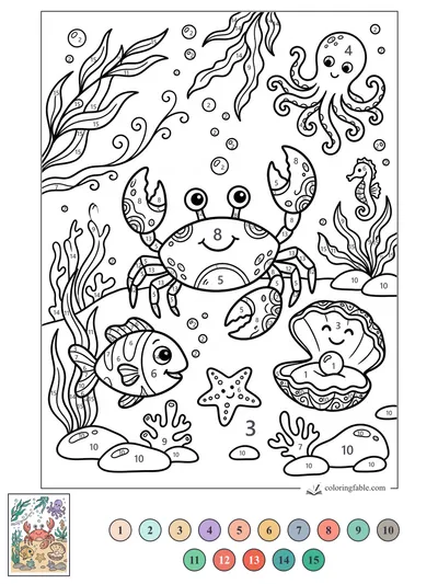 Smiling Crab in a Busy Reef Doodle — color by number