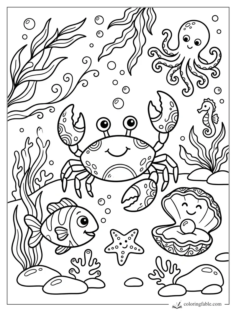 Smiling doodle crab with patterned claws, octopus, seahorse, fish, pearl shell, starfish, bubbles, and seaweed.