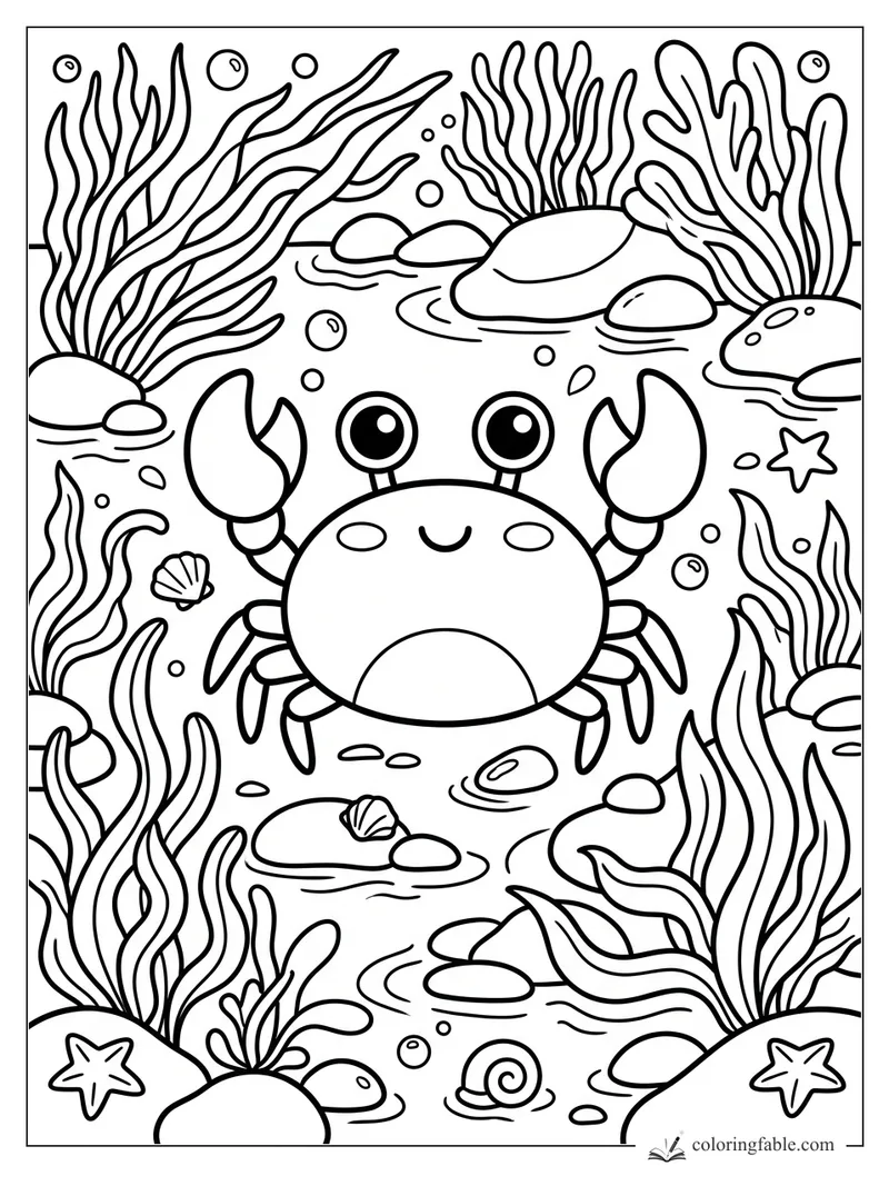 Kawaii crab with raised claws among seaweed, bubbles, shells, rocks, and starfish in a tide pool