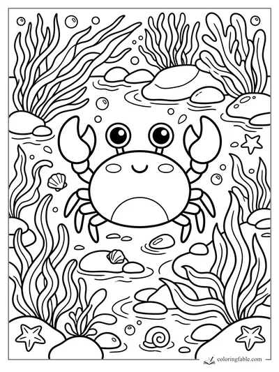 Kawaii crab with raised claws among seaweed, bubbles, shells, rocks, and starfish in a tide pool