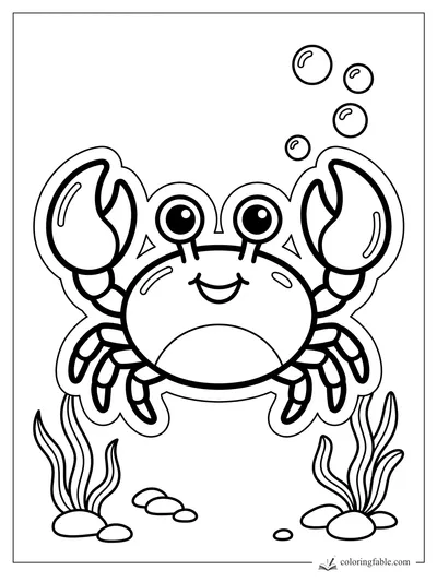 Cute smiling crab with raised claws, bubbles, seaweed, and pebbles in sticker-style line art.