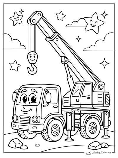 Cartoon crane truck with a smiling hook, outriggers, rocks, clouds, and cheerful stars in the sky.