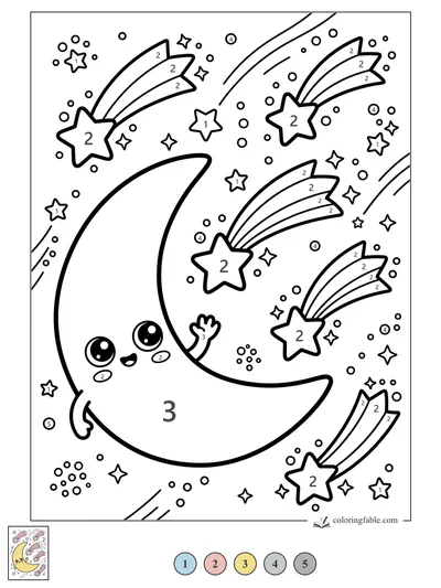 Smiling Crescent Moon Among Shooting Stars — color by number
