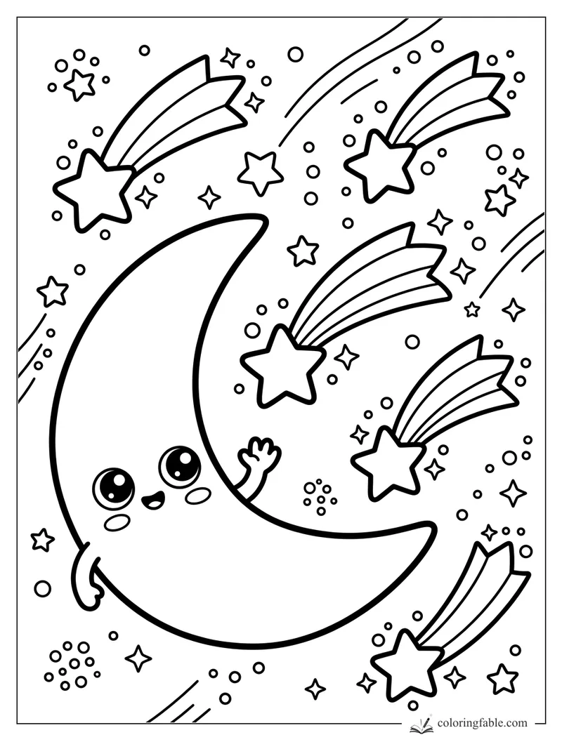 Kawaii crescent moon waving among shooting stars, sparkles, and floating dots