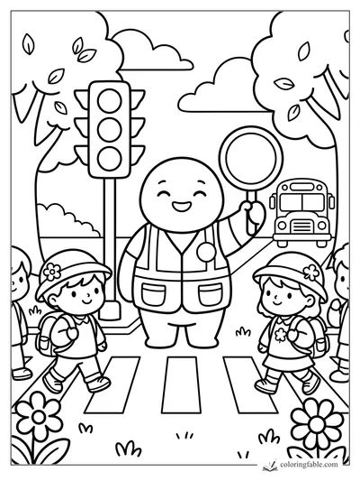 Happy crossing guard holding a round sign as children walk past a traffic light and school bus.