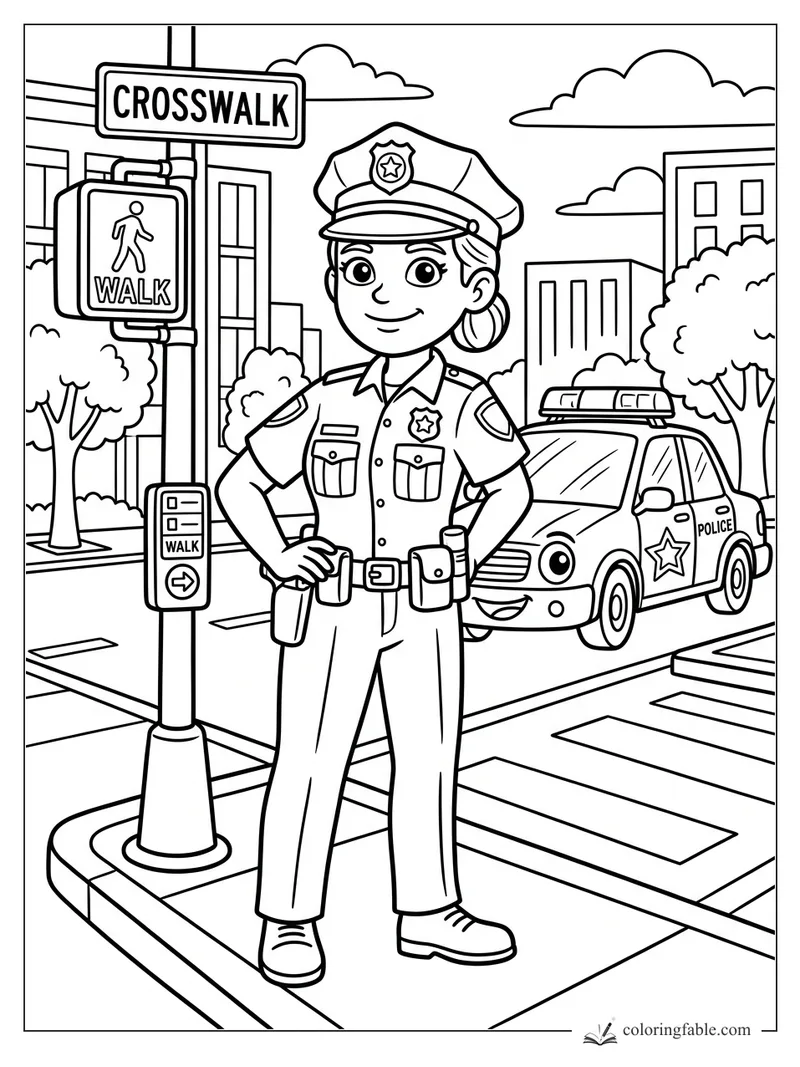 Cartoon girl police officer by a crosswalk sign, walk button, city street, and police car.