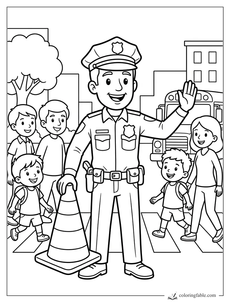 Cartoon crossing guard waving children across a crosswalk near a school bus and traffic cone