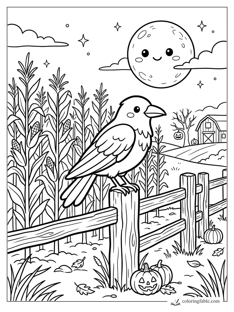 Cartoon crow perched on a wooden fence by corn stalks, pumpkins, barn, stars, clouds, and a smiling moon.