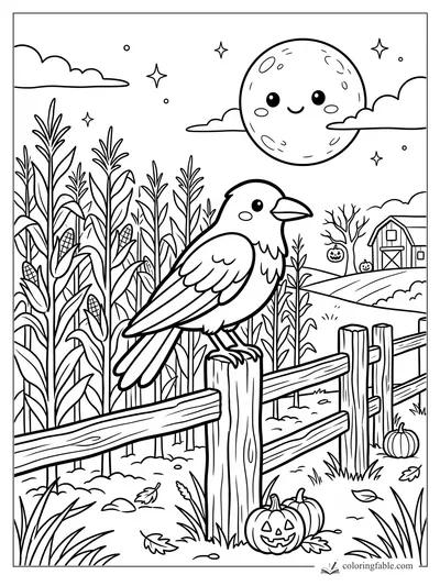 Cartoon crow perched on a wooden fence by corn stalks, pumpkins, barn, stars, clouds, and a smiling moon.