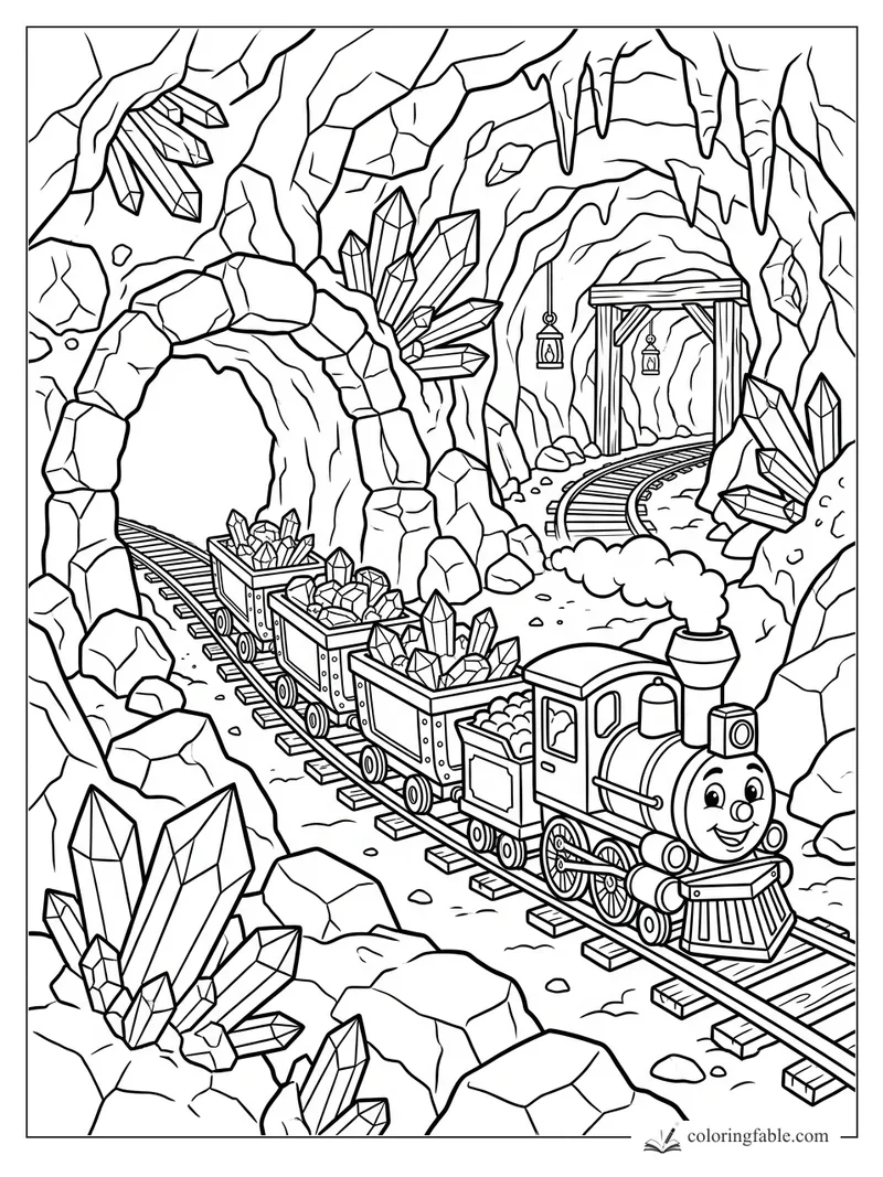 Cartoon mine train carrying crystals through a rocky cave with lanterns, stalactites, and curving tracks.