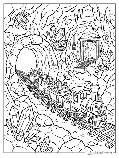 Cartoon mine train carrying crystals through a rocky cave with lanterns, stalactites, and curving tracks.