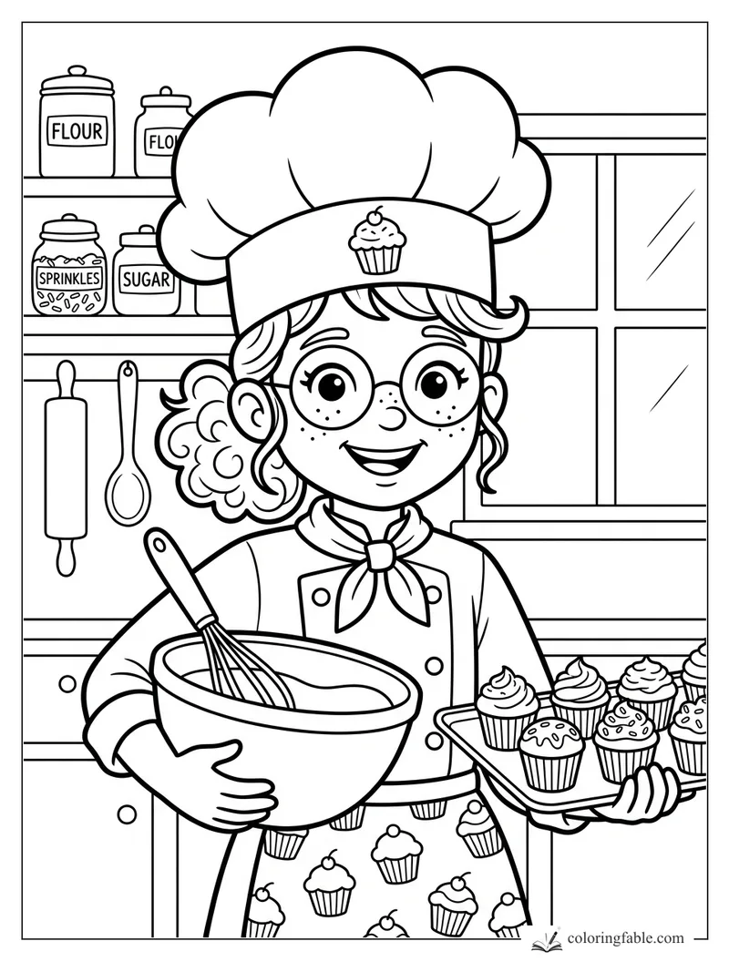 Girl chef with glasses holds a mixing bowl and tray of cupcakes in a bakery kitchen.