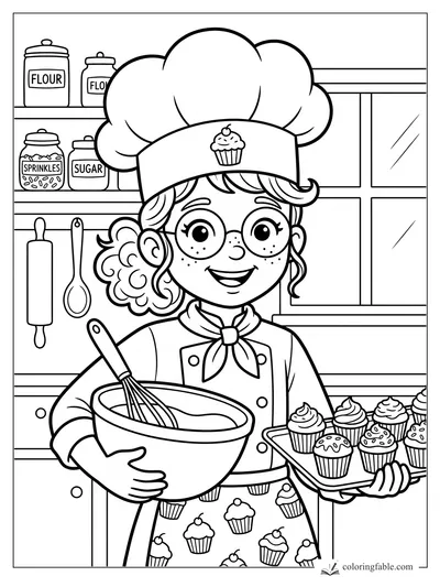 Girl chef with glasses holds a mixing bowl and tray of cupcakes in a bakery kitchen.
