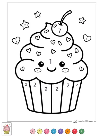 Smiling Cupcake With Cherry and Heart Sprinkles — color by number