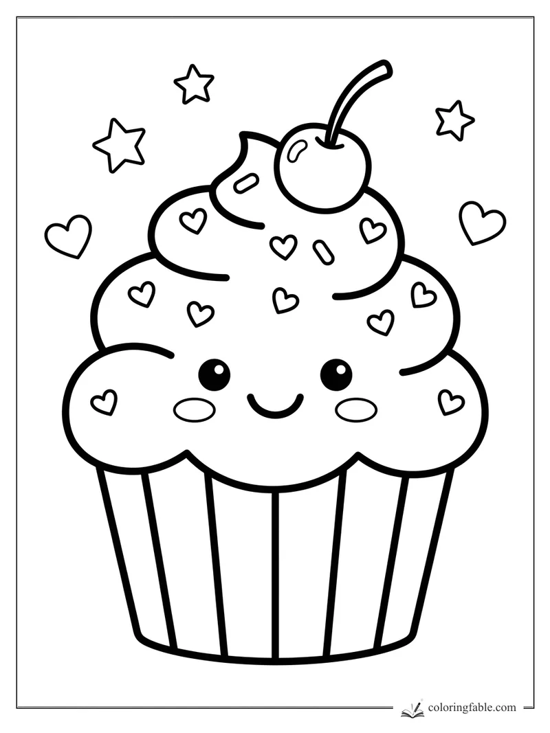 Kawaii cupcake with smiling face, cherry, heart sprinkles, stars, and hearts to color