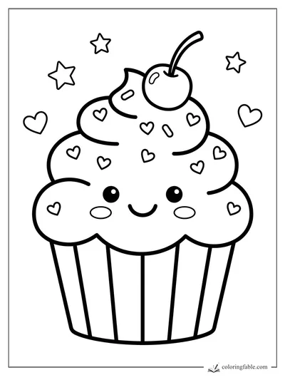 Kawaii cupcake with smiling face, cherry, heart sprinkles, stars, and hearts to color