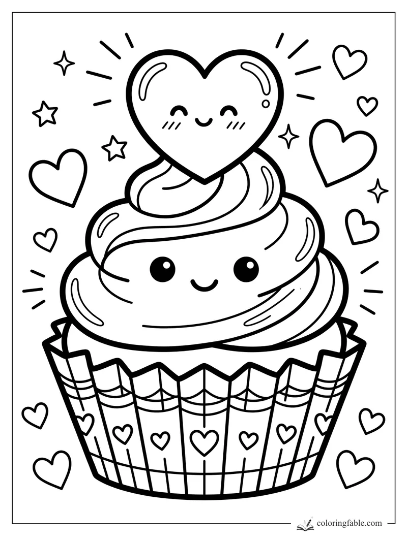Kawaii cupcake with swirled frosting, smiling heart topper, hearts, stars, and patterned wrapper.