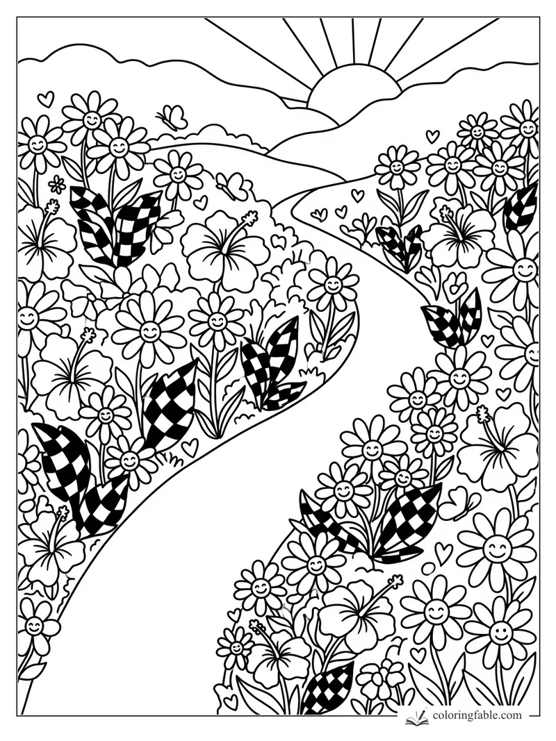 Intricate floral coloring page with smiling daisies, checkered leaves, butterflies, hearts, and a sunrise path.