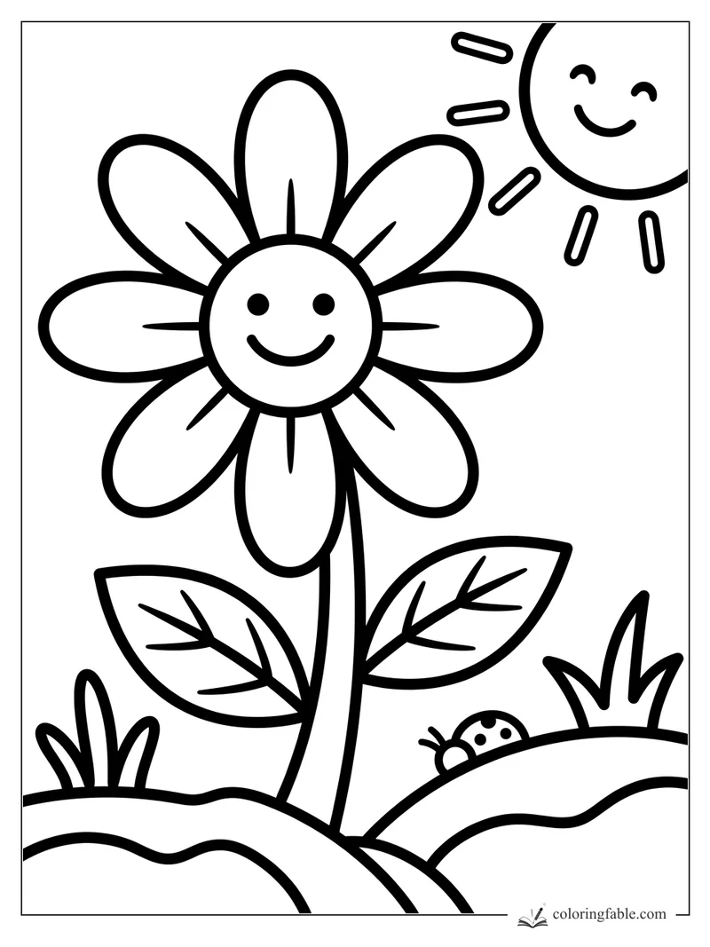 Bold easy coloring page of a smiling daisy, happy sun, leaves, grass, and a little ladybug.