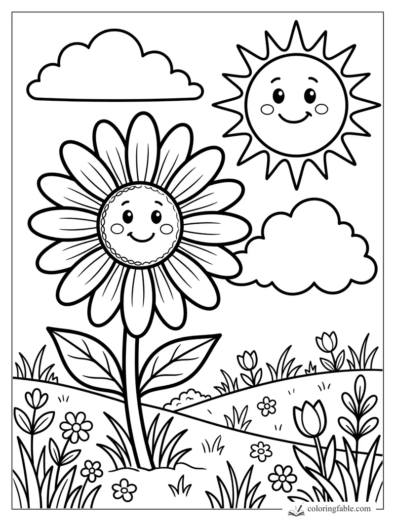 Cartoon smiling daisy with big petals, leaves, hills, clouds, grass, and a happy sun