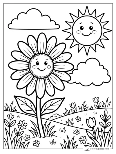 Cartoon smiling daisy with big petals, leaves, hills, clouds, grass, and a happy sun